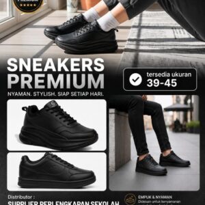 Sepatu Sneakers Hitam Premium Ukuran 39–45, Pilihan Tepat untuk Sekolah, Kerja, dan Aktivitas Harian