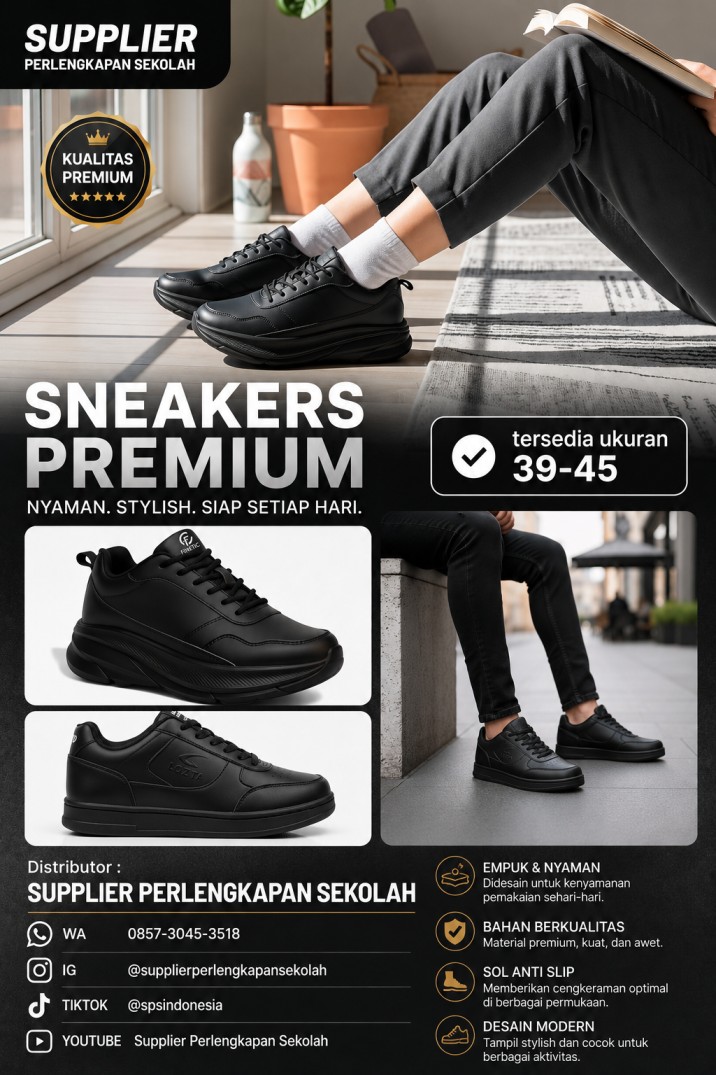 Sepatu Sneakers Hitam Premium Ukuran 39–45, Pilihan Tepat untuk Sekolah, Kerja, dan Aktivitas Harian